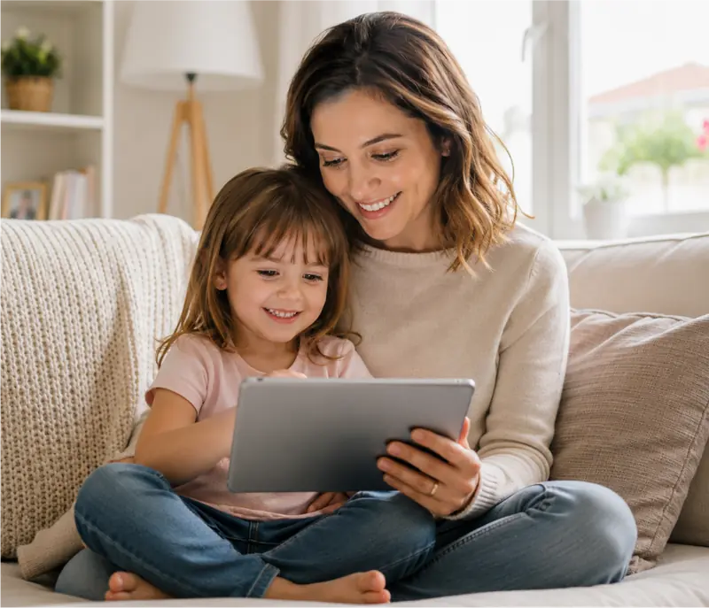 Madre e hija viendo los videos juntas en el sofá