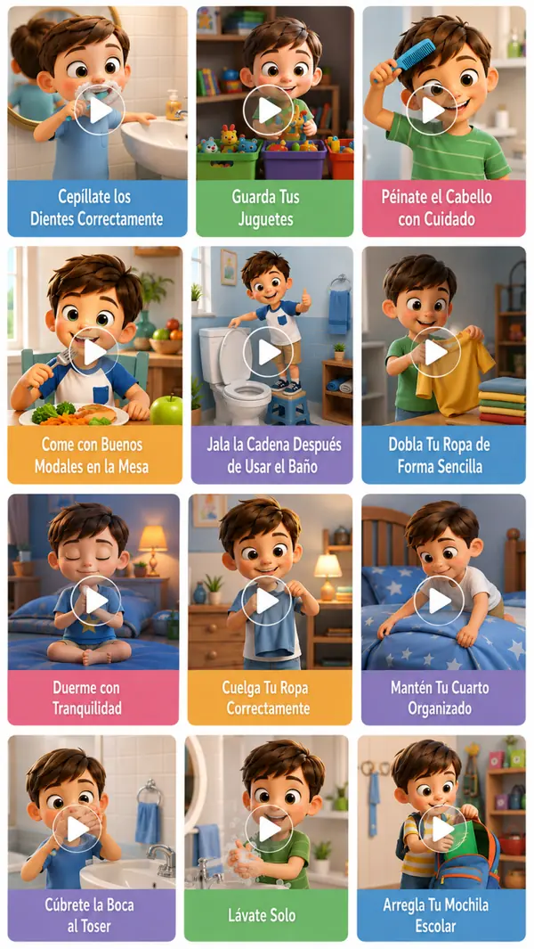 Módulo 1: pantalla con los 20 videos de hábitos infantiles