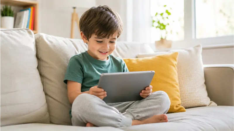 Niño sonriendo mientras ve un video en la tablet